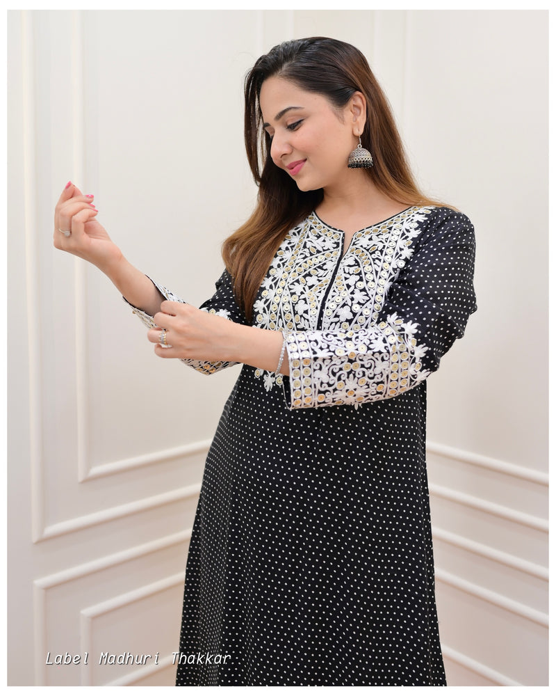 Black Polka Threadwork Kurta Set