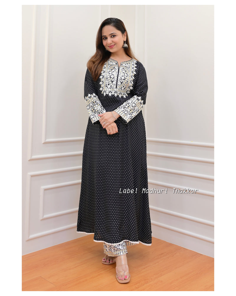 Black Polka Threadwork Kurta Set