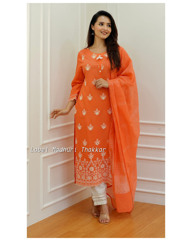 Orange Schiffli Cutwork Suit