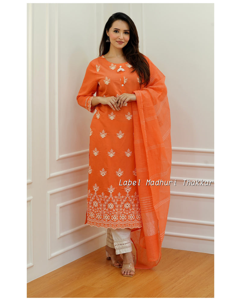 Orange Schiffli Cutwork Suit