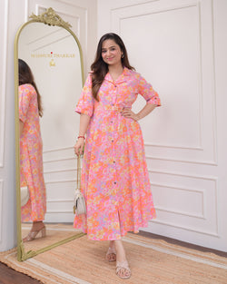 Pink Orange Floral Cotton A Line Dress