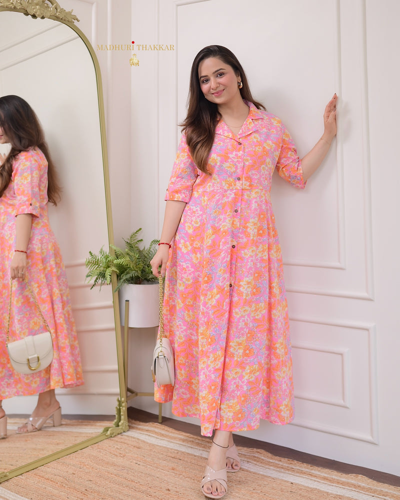 Pink Orange Floral Cotton A Line Dress