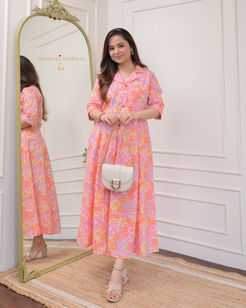 Pink Orange Floral Cotton A Line Dress