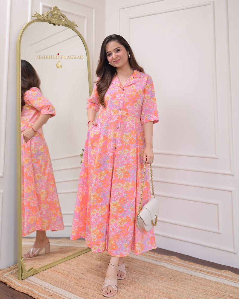 Pink Orange Floral Cotton A Line Dress