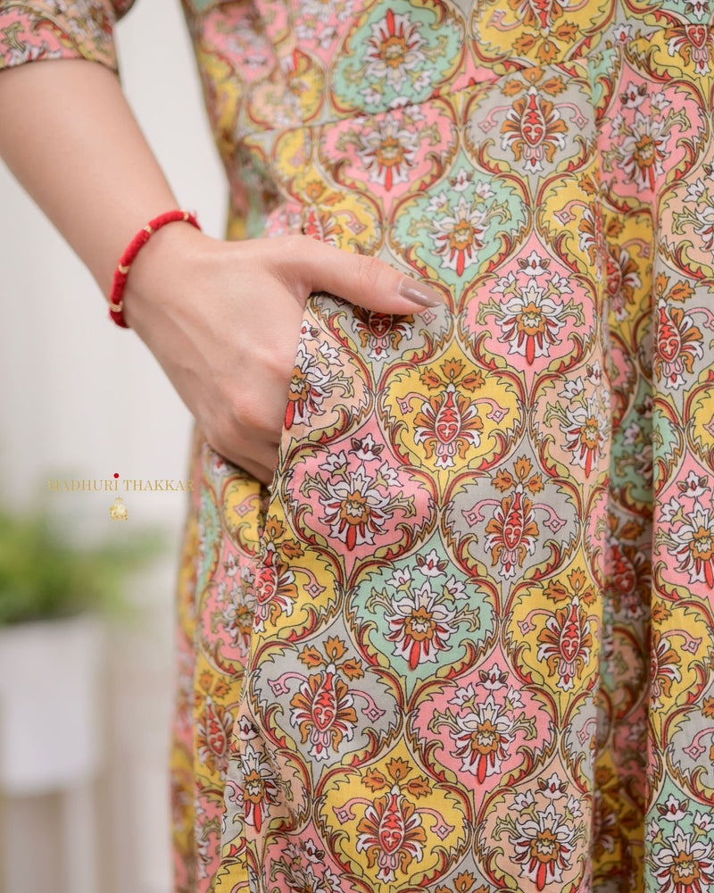 Multi Color Floral Cotton A Line Dress