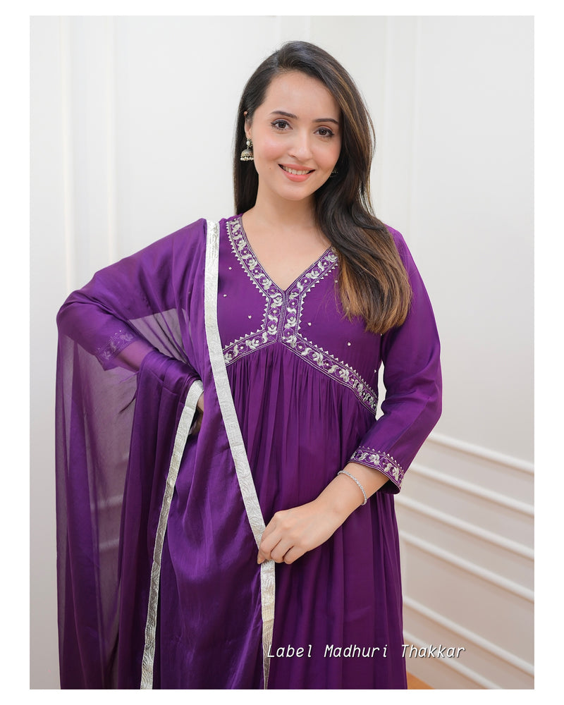 Purple A Line Embroidered Silk Suit
