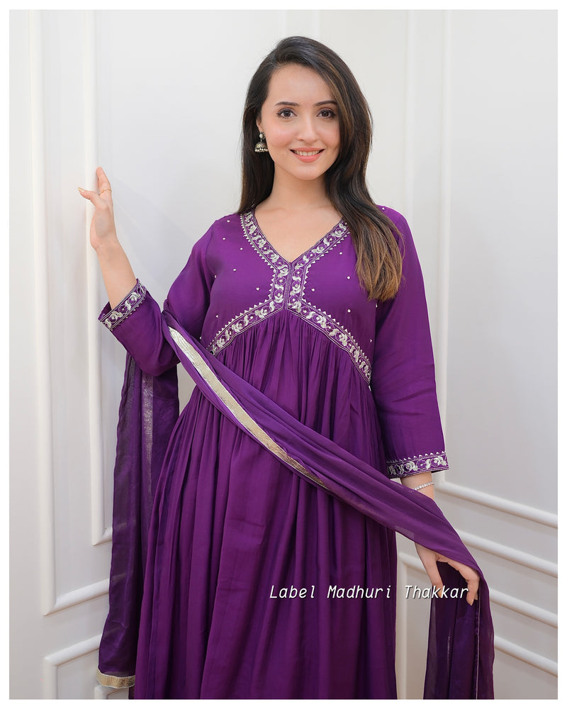 Purple A Line Embroidered Silk Suit