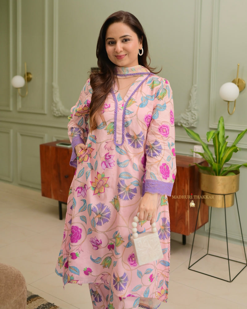 Lilac Floral Aline Premium Cotton Suit