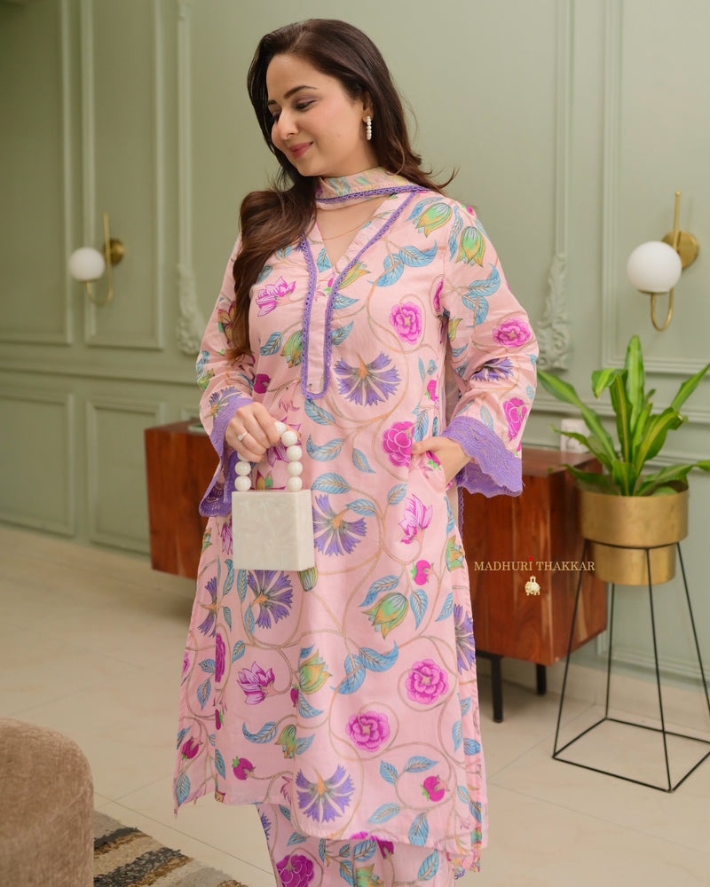 Lilac Floral Aline Premium Cotton Suit