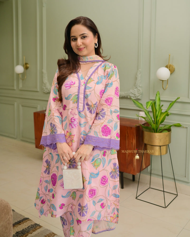 Lilac Floral Aline Premium Cotton Suit