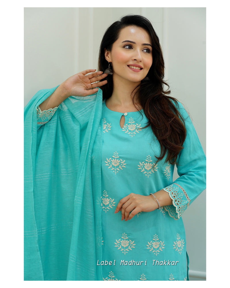 Turquoise Schiffli Cutwork Suit – Label Madhuri Thakkar