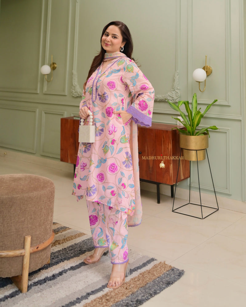 Lilac Floral Aline Premium Cotton Suit