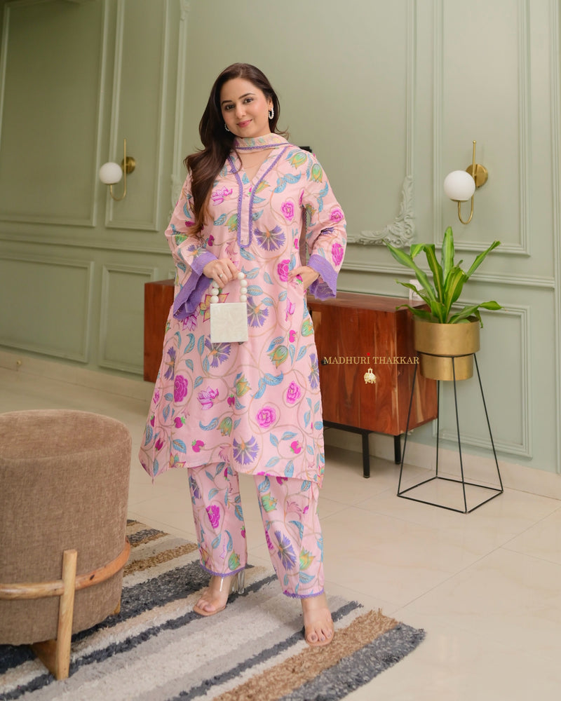 Lilac Floral Aline Premium Cotton Suit