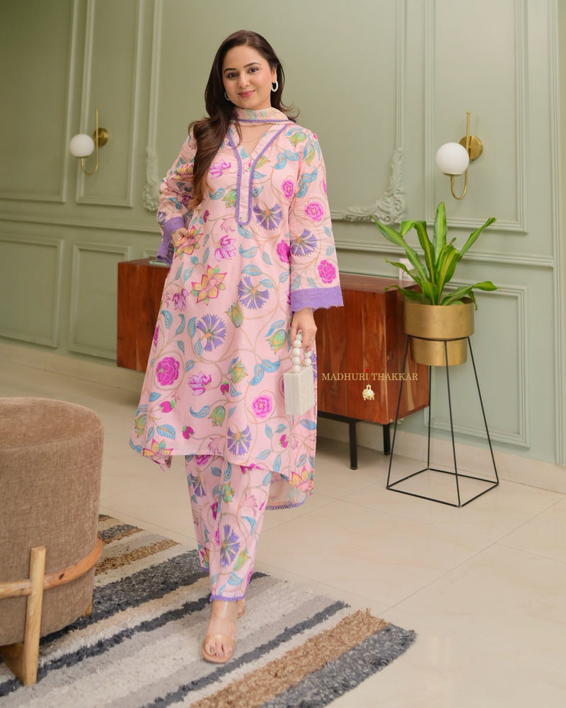 Lilac Floral Aline Premium Cotton Suit