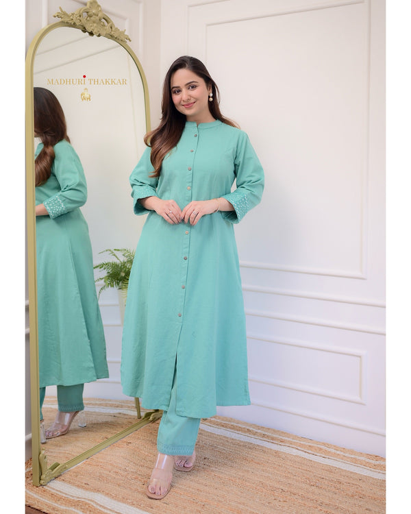 Turquoise A Line Cotton Kurta Set