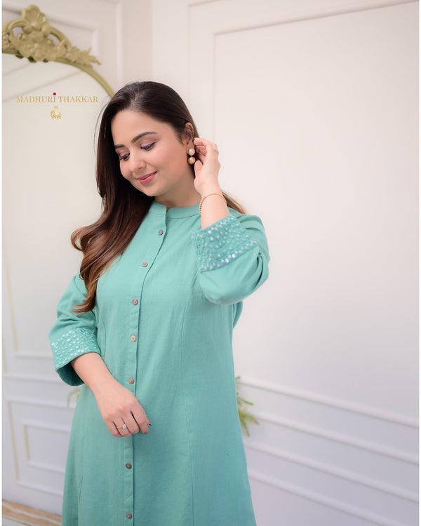 Turquoise A Line Cotton Kurta Set