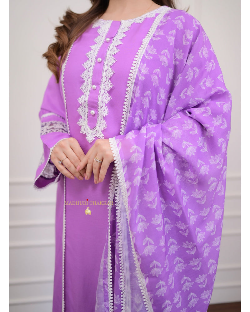 Lavender Lace Pakistani Cotton Suit