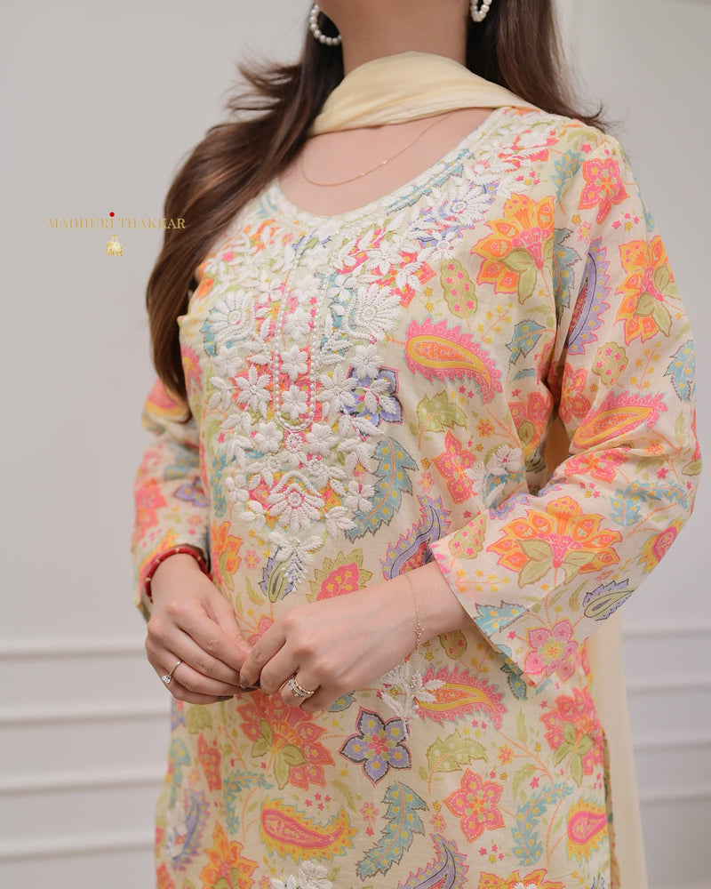 Ivory Floral Chikankari Mul Cotton Suit