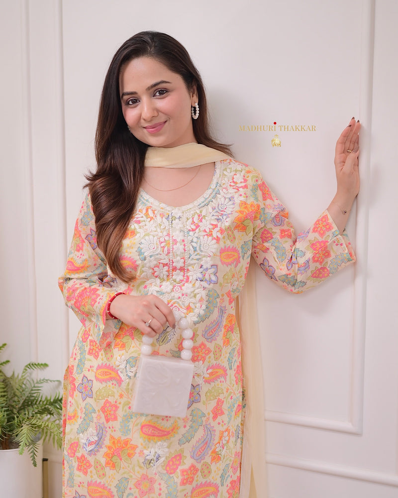 Ivory Floral Chikankari Mul Cotton Suit