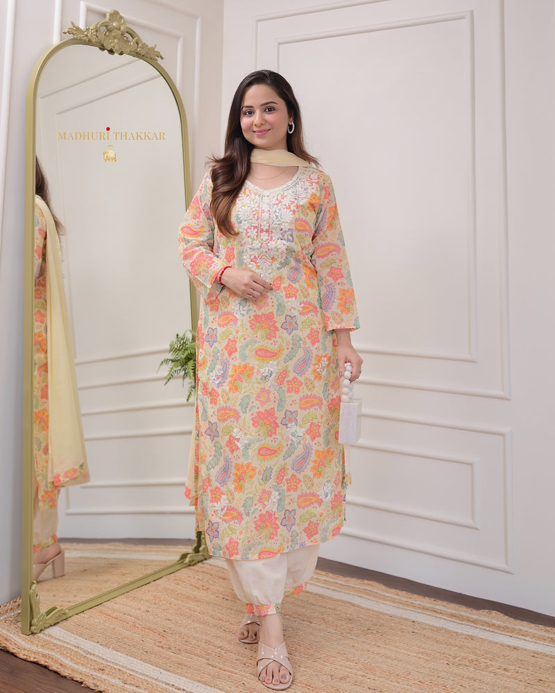 Ivory Floral Chikankari Mul Cotton Suit