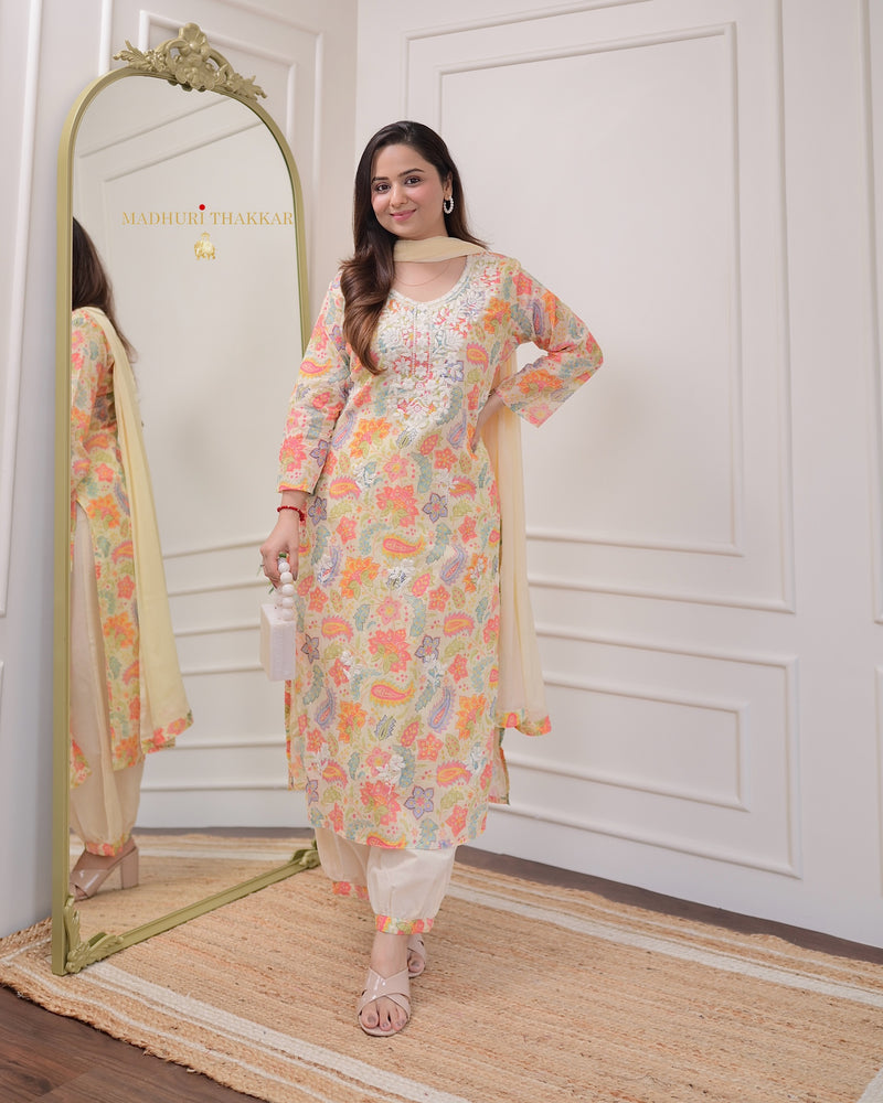 Ivory Floral Chikankari Mul Cotton Suit