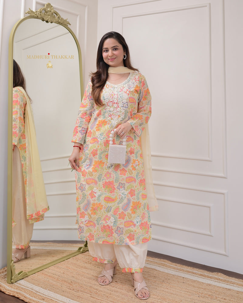 Ivory Floral Chikankari Mul Cotton Suit