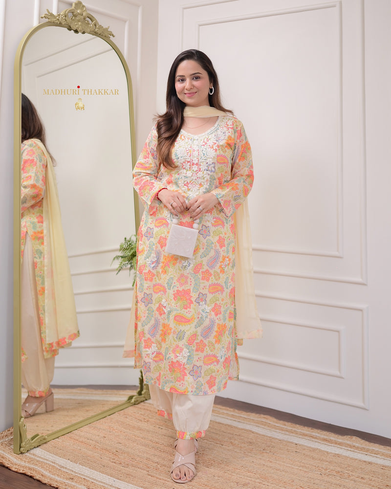 Ivory Floral Chikankari Mul Cotton Suit