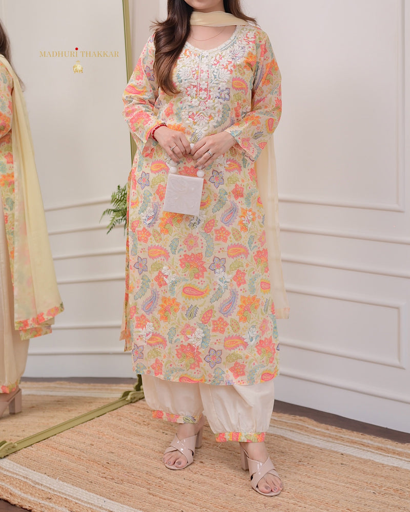 Ivory Floral Chikankari Mul Cotton Suit