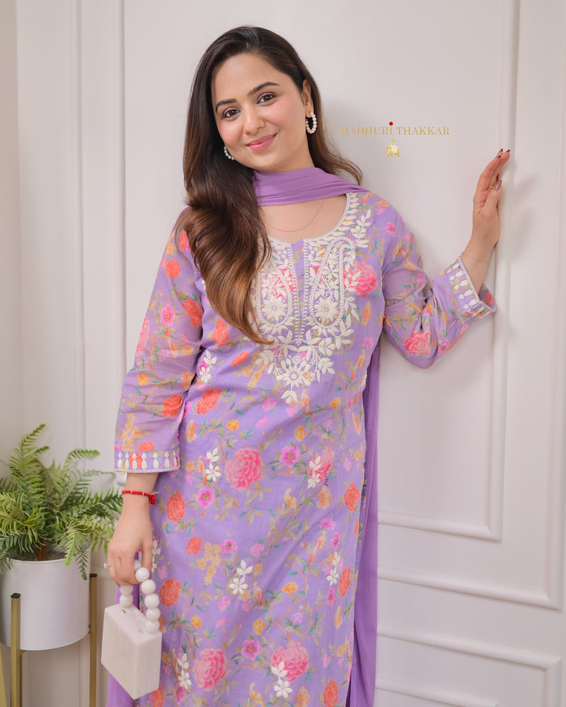 Lavender Chikankari Mul Cotton Suit