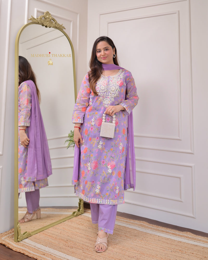 Lavender Chikankari Mul Cotton Suit