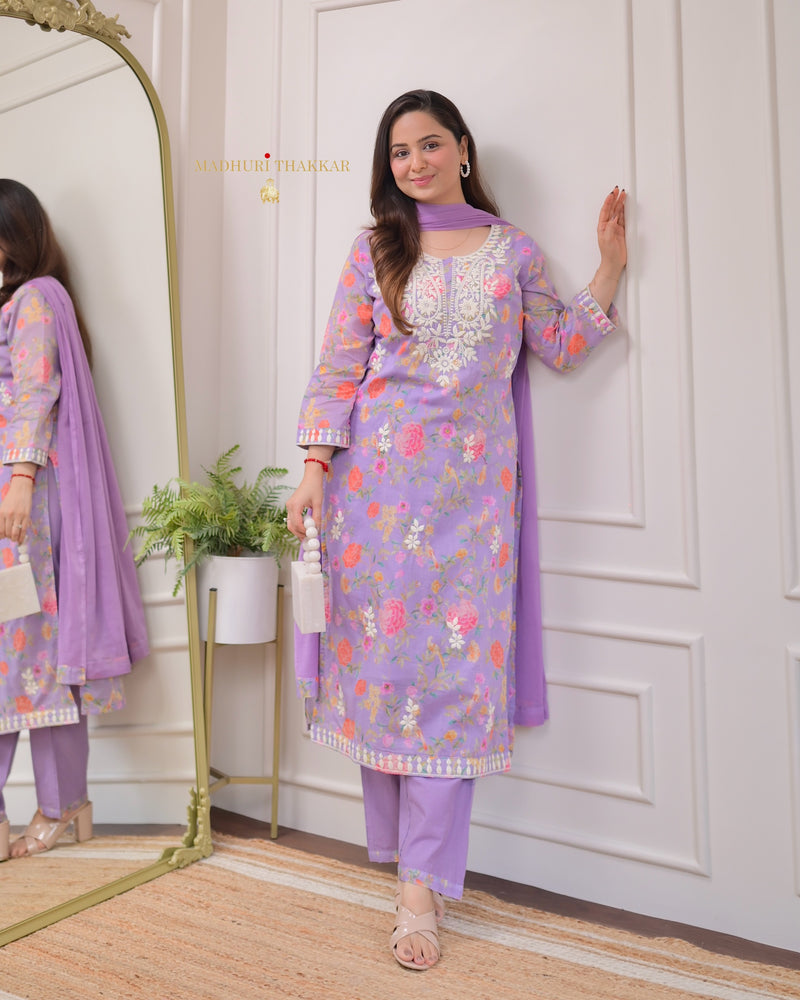 Lavender Chikankari Mul Cotton Suit