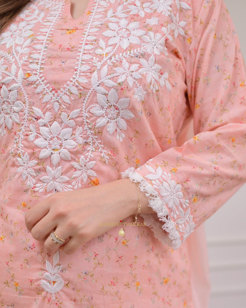 Peach Chikankari Mul Cotton Suit