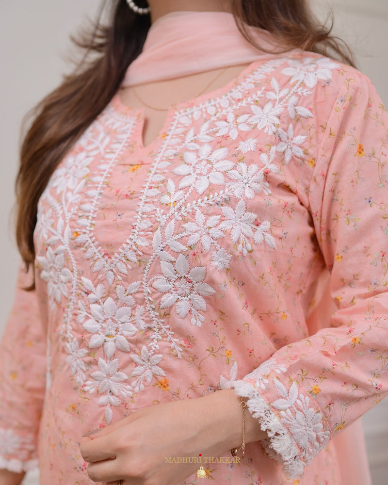 Peach Chikankari Mul Cotton Suit