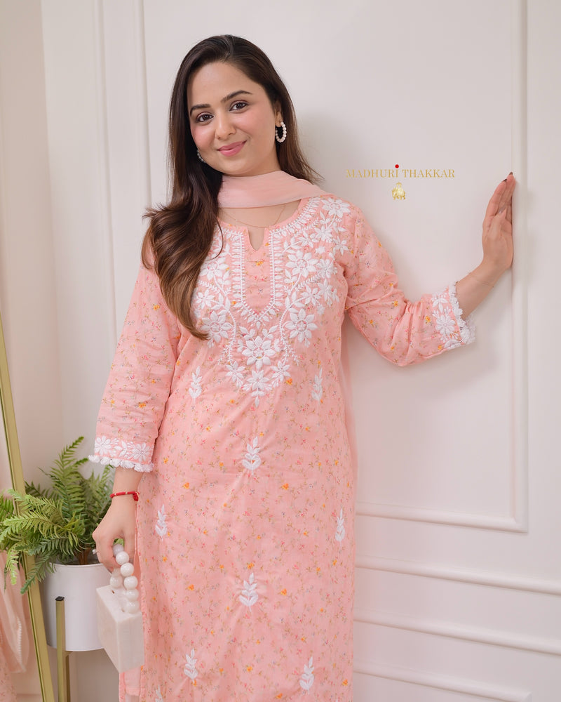 Peach Chikankari Mul Cotton Suit