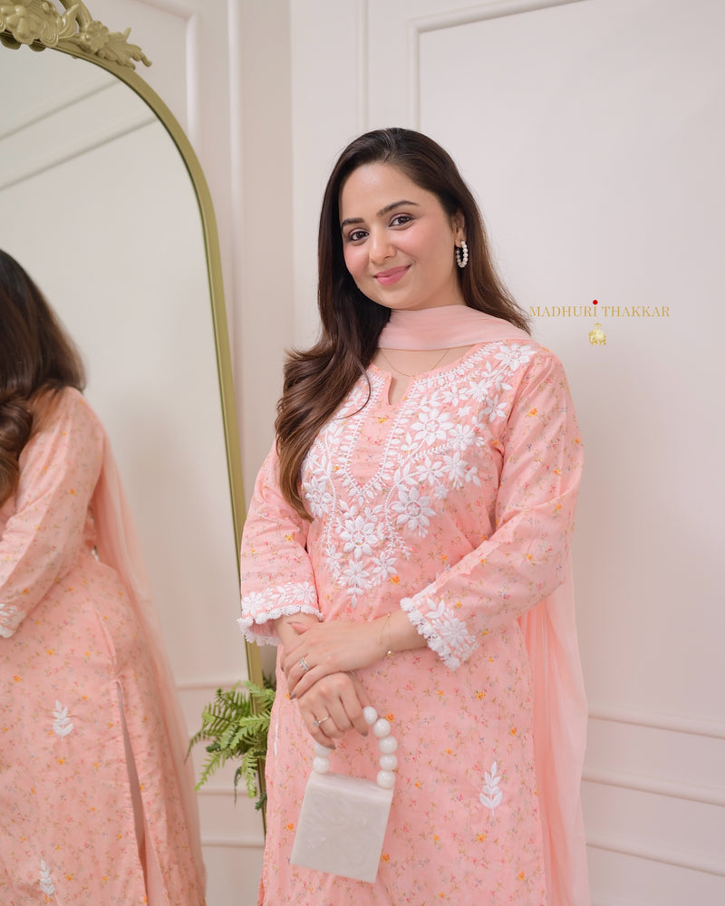 Peach Chikankari Mul Cotton Suit