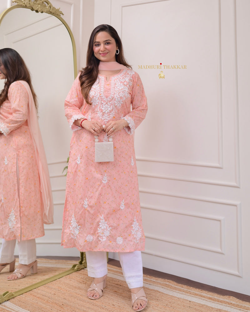 Peach Chikankari Mul Cotton Suit