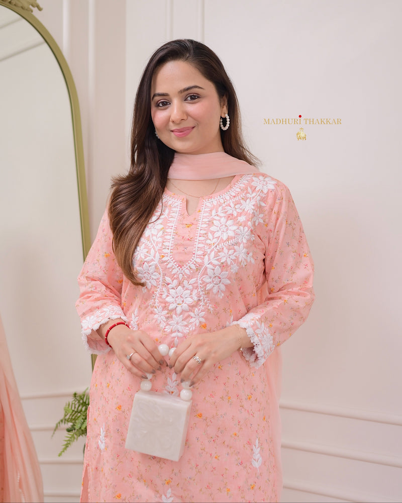 Peach Chikankari Mul Cotton Suit