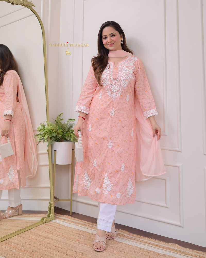 Peach Chikankari Mul Cotton Suit