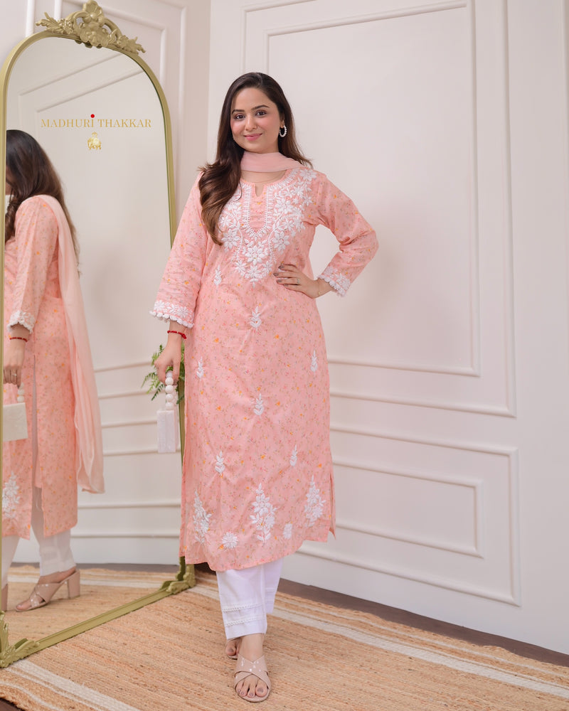 Peach Chikankari Mul Cotton Suit