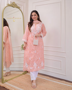 Peach Chikankari Mul Cotton Suit