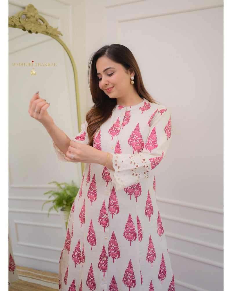 Ivory Red Cotton A Line Kurta