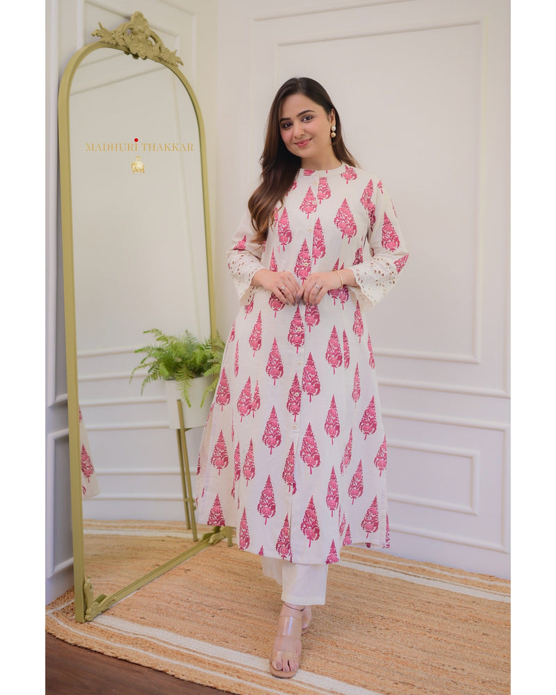 Ivory Red Cotton A Line Kurta