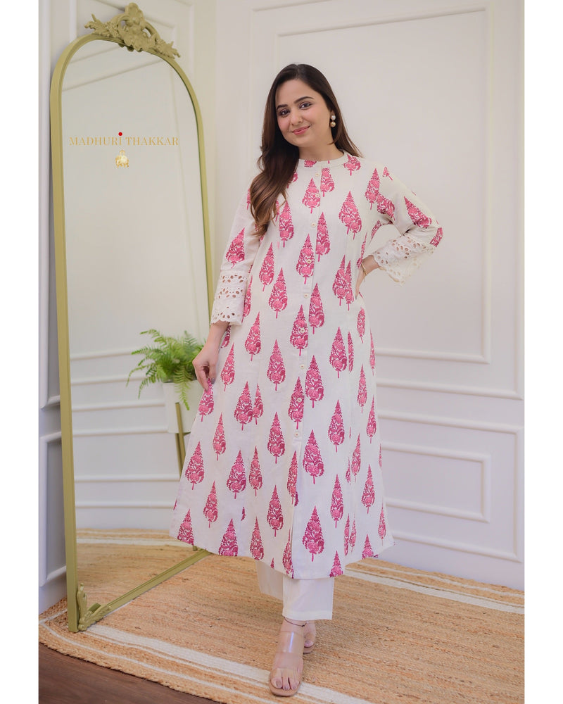 Ivory Red Cotton A Line Kurta