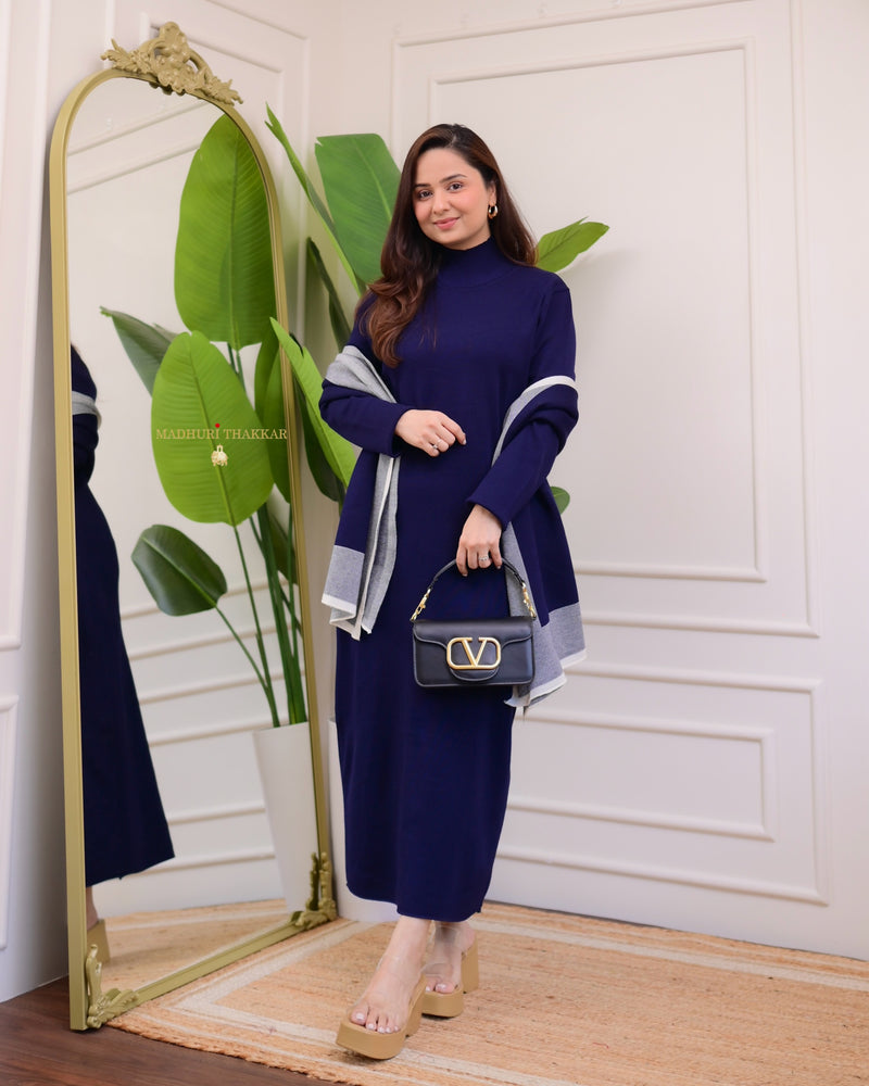 Navy Blue Knitted Dress With Stole