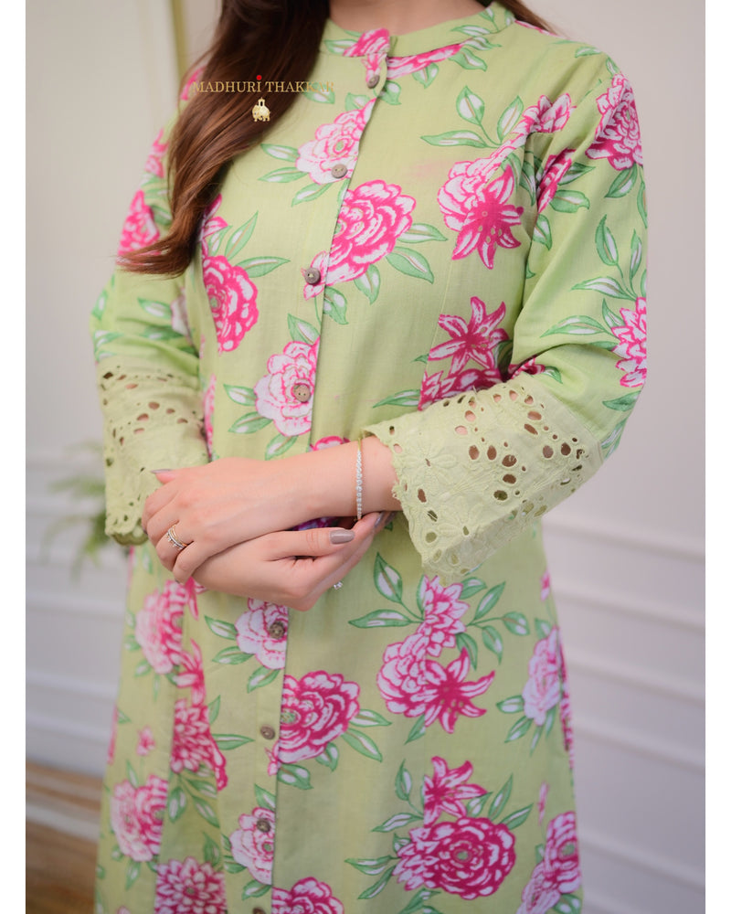 Green Floral Cotton A Line Kurta