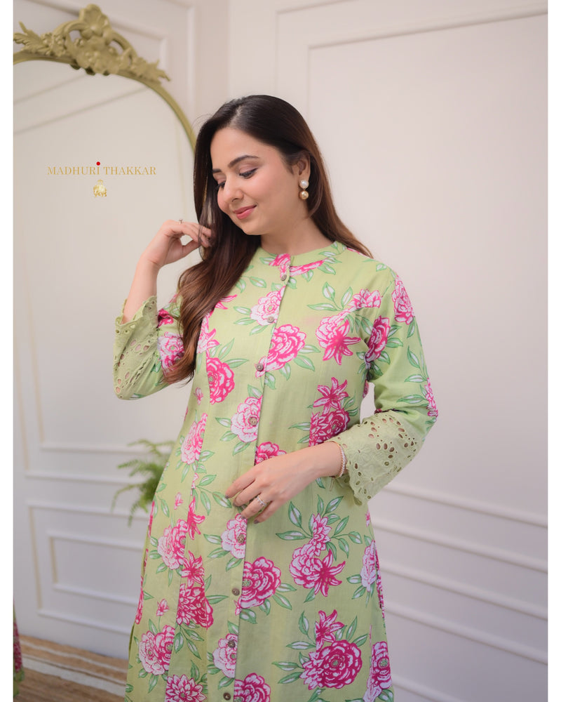 Green Floral Cotton A Line Kurta