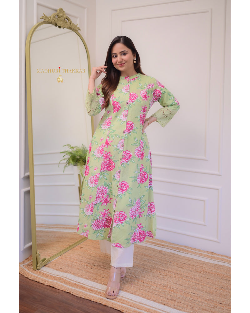 Green Floral Cotton A Line Kurta