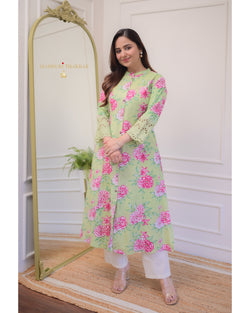 Green Floral Cotton A Line Kurta