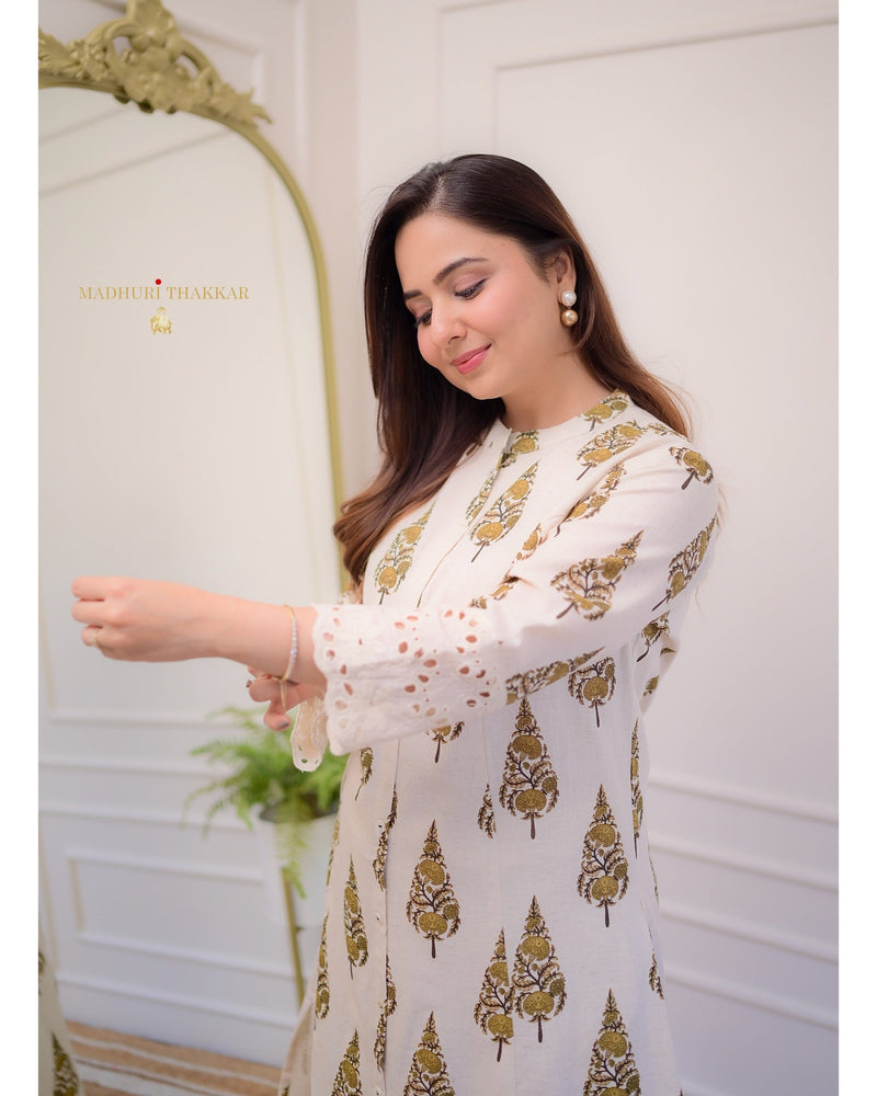 Ivory Brown Leaf Cotton A Line Kurta