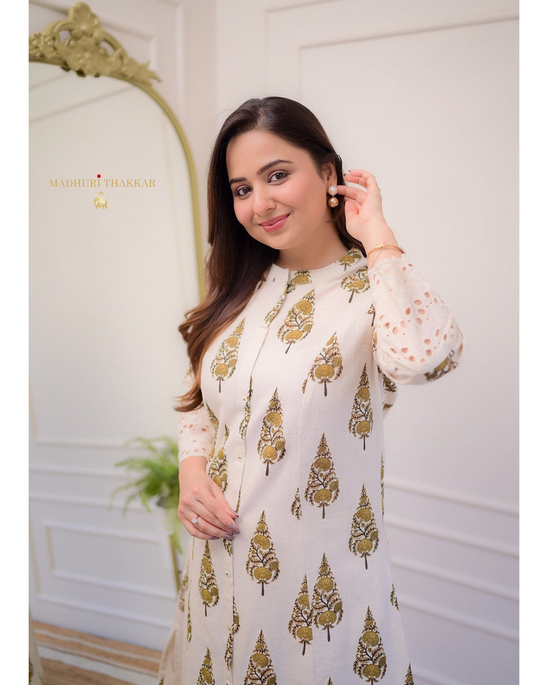 Ivory Brown Leaf Cotton A Line Kurta